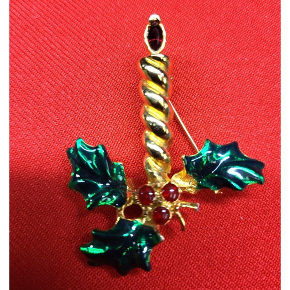 Christmas Pins/ Brooch Set of 2 Christmas Holly Berry marked "AK" & Holly Leaf B - Picture 9 of 10